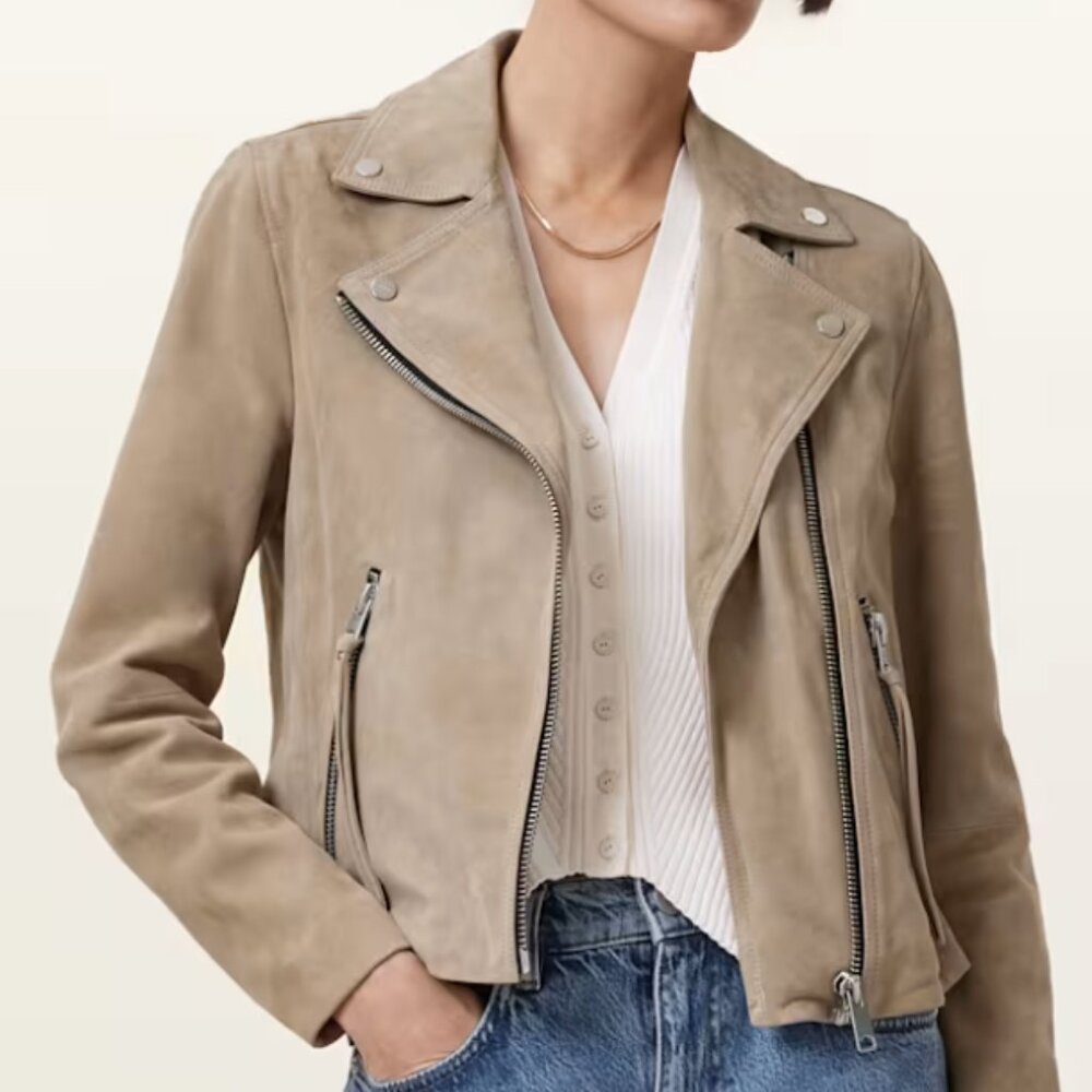 Suede Moto Jacket in Taupe - Women's Light Brown Suede Coat